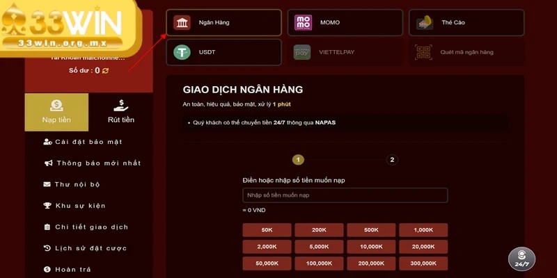 Nạp tiền 33WIN - Đa dạng phương thức thực hiện dễ dàng 2 Nạp tiền 33WIN qua internet banking được nhiều người chơi lựa chọn