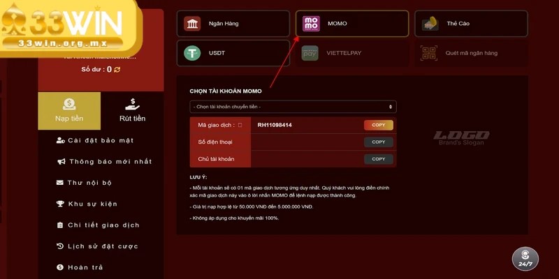 Nạp tiền 33WIN - Đa dạng phương thức thực hiện dễ dàng 3 Các bước nạp tiền 33Win qua ví điện tử thông minh
